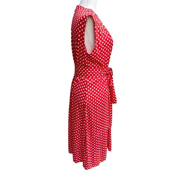 Vintage Womens Red & White Polka Dot V Neck Tie Waist Sleeveless Midi Dress - Picture 4 of 11